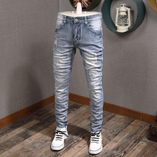 European American Vintage Fashion Men Jeans Retro Light Blue Elastic Slim Fit Ripped Jeans Men Street Style Denim Pencil Pants