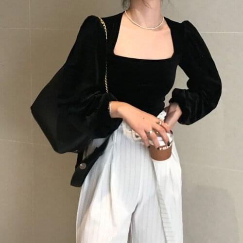 Women Velvet Shirt Elegant Long Sleeve Versatile Chic Business Party Office Ladies 2021 New Spring Puff Sleeve