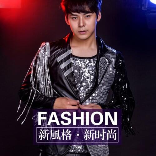 S-6XL!!Bar nightclub mens song watch performance clothing suit suit host fringe sequined leather jacket patchwork fashion cool