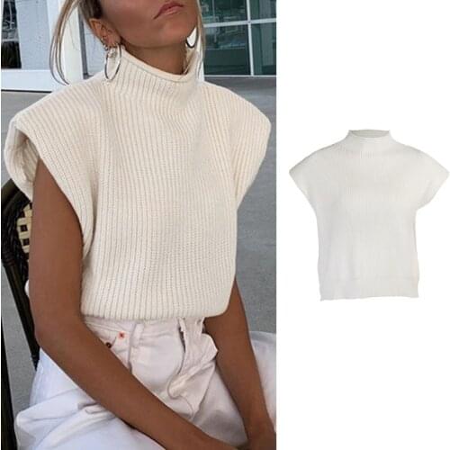 Women Autumn Ribbed Knitted Sleeveless Vest Turtleneck High Neck Simple Solid Color Sweater Casual Loose Stretch Basic Pullover