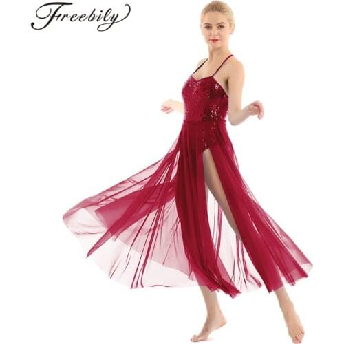 Women Spaghetti Strap Sleeveless Sequined Ballet Dance Maxi Dress with Built-In Leotard Ballerina Stage Lyrical Dance Costumes