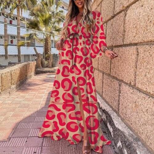 Women V Neck Loose A-Line Party Dress Sexy Heart Print Elastic Waist Slit Dress 2021 Autumn Hem Robe Vintage Maxi Dress Vestido