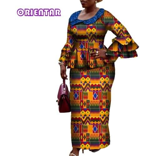 2021 African Clothes for Women 2 Pieces Set African Print Blouse and Skirts Traditional African Clothing Party Dress WY9009