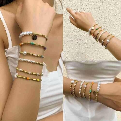 2021 New Gold Color Multilayer Bracelet Simulated Pearl Star Bracelets For Women Coins Eiffel Girls Tower Pendant B4T6