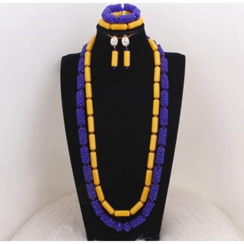 4UJewelry African Necklace Yellow & Blue Long Nigeria Necklace Women Bridal Jewelry Set 2 Rows Acrylic and Crystal Free Ship