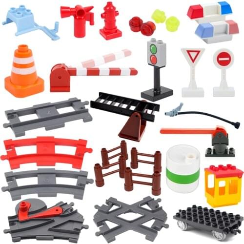 Big Building Blocks Accessories Compatible Train Track Set Traffic Signs Trailer Carriages Railway Rails Children bricks Toys