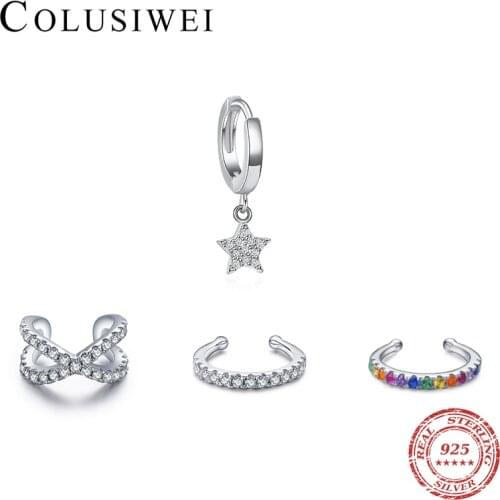 Colusiwei Cool Girl Ear Cuff 925 Sterling Silver Geometric Rainbow Crystal C-Shape Single Clips Earring for Women Jewelry Bijoux