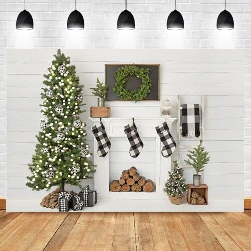 Photo Backdrop Winter Interior Christmas Tree Fireplace Socks Gifts Child Kids Shoot Party Photography Background Photocall