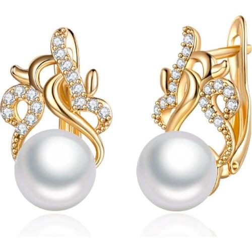 Geometric Flower Shape Zirconia Stud Earrings with Pearl Gold Silver Color Plated Copper Crystal Earrings for Women Jewelry Gift