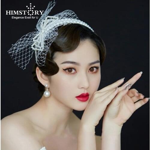 HIMSTORY Bride Headdress Korean Bowknot Headband Hepburn Retro Pearl Net Yarn Wedding Dress Hair Accessories