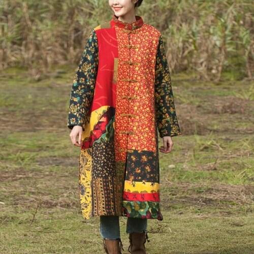 Johnature Women Cotton Linen Patchwork Vintage Thick Coats Chinese Style 2021 Autumn New Long Sleeve Loose Long Retro Coats
