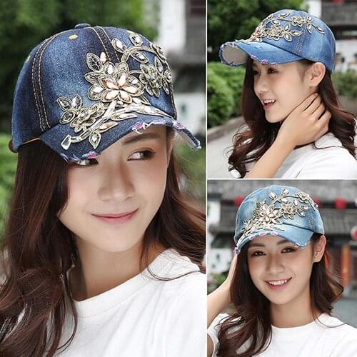 Summer Womens Cap Rhinestone Flower Embossed Denim Baseball Cap Fashion Female Jeans Hat Retro Sports Hip Hop Cap бейсболка