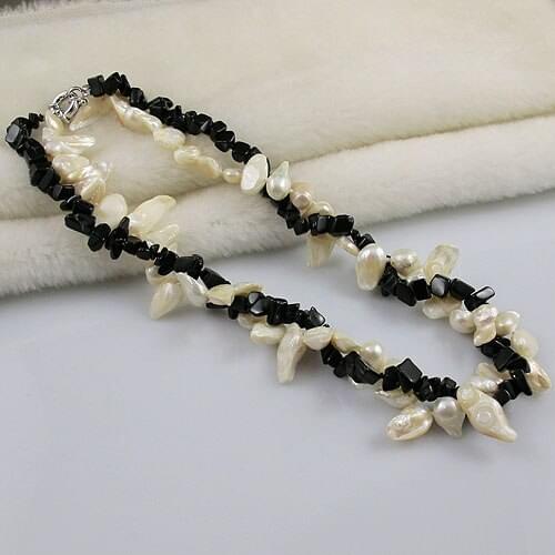 Unique Pearls jewellery Store,Black Agates White Genuine Freshwater Pearl Necklace 2Rows,Real Pearl Woman Jewelry
