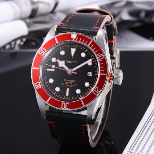 41mm Automatic watch luxury Corgeut black dial red bezel sapphire crystal waterproof mens mechanical wristwatches