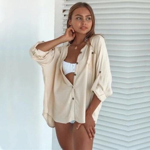 Bikini Cover-Ups Elegant Hollow Out Deep V-neck Summer Beach Tops White Cotton Tunic Women Beach Wear Swim Suit Cover Up Q1083
