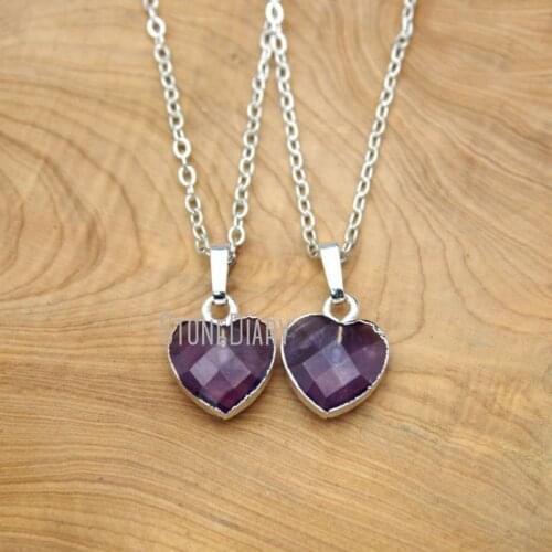 10Pcs Amethysts Chains Necklaces Silver Electroplated Faceted Heart Chains Necklaces Online 16-20inch NM15667