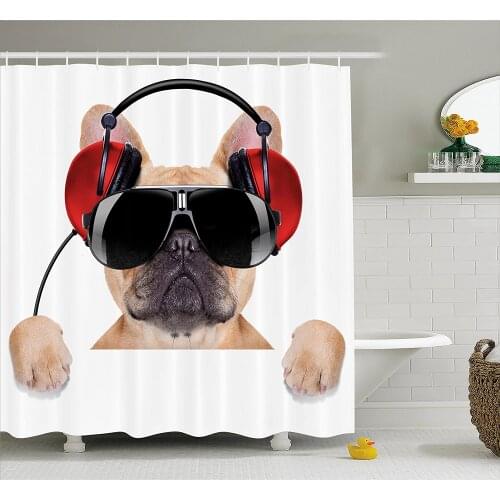 Popstar Party Shower Curtain Dj Bulldog with Headphones Listening to Music Behind White Banner Bath Curtain For Bathroom