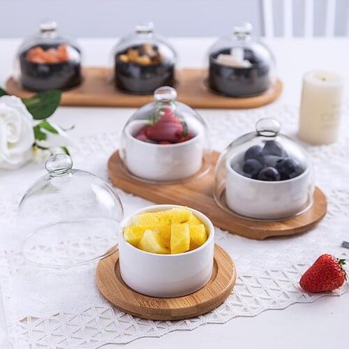 Korean-Style Simple Cake Dessert Glass Wine Cup Glass Cover Cover Bamboo Tray Dessert Ceramic Bowl Set Hotel Snack Dish