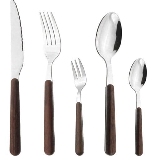 Mirror Dinnerware Stainless Steel Set Cutlery Japanese Wooden Tableware Western Food Knife Fork Teaspoons Cake Fork Sliverware
