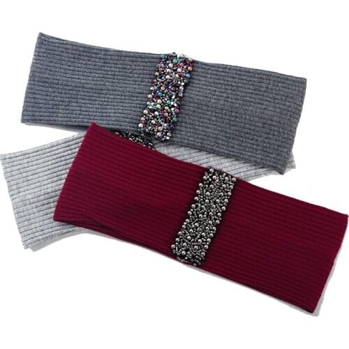Women New Knitted Ribbed Elastic Headband Solid Color Cotton Headwear Turban Hair Accessory Soft With Pearl Webbing Accessories