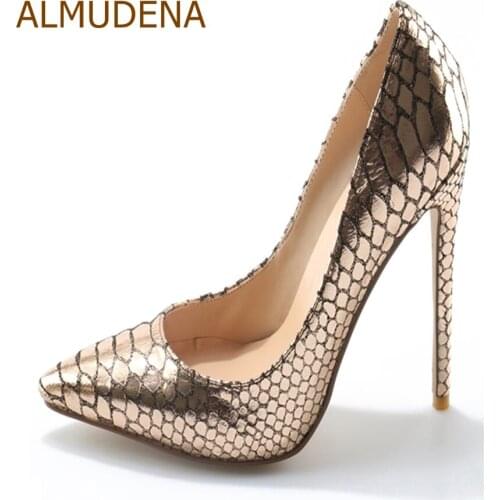 ALMUDENA Ladies Chic Gold Snakskin Pattern Dress Shoes Ultra High Heel Nightclub Pumps Sexy Gladiator Shoes Dropship Size US10