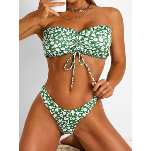 ZAFUL Tiny Floral Cinched High Cut Bandeau Bikini Swimwear DItsy Floral Bikini Tiny Floral Bandeau Bikini Swimwear