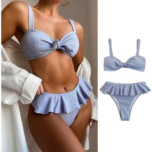 2021 Women Sexy 2 Piece Bikini Set Tie Knot Front Bra Micro Swimsuit Ruffles Patchwork High Waist Thong Ribbed Bathing Suit