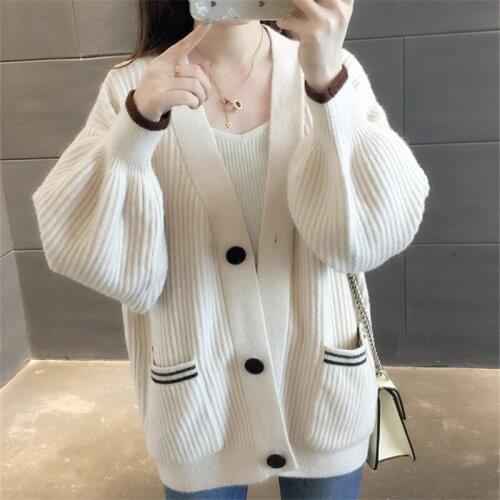 Autumn Winter Thick Knitted Sweater Women Cardigan Korean Loose Casual V Neck Lantern Sleeve Big Pocket Knit Jacket Coat Female