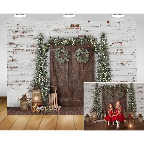 Winter Christmas Photography Background Vintage Rsutic Wood Meery Xmas Backdrop Christmas Trees Lamp White Brick Wall Photocall