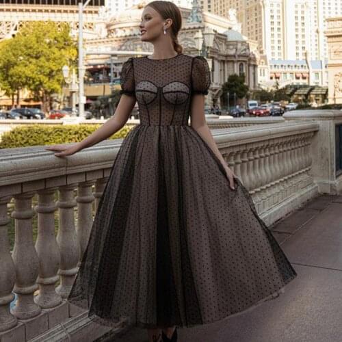 2021 On Sale Vintage Black Short Sleeves Prom Party Dresses Mid Calf Length Jewel Neck Wedding Guest Gowns Princess Short