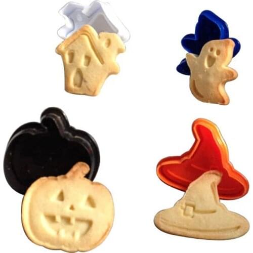 4 Pcs Halloween Cookie Cutter Plastic Biscuit Knife Baking Fruit Cake Kitchen Tools Mold Embossing Printing