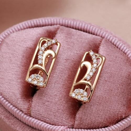 585 Rose Gold Classic Hollow Symmetry Pattern Clip Earrings Inlay Zircons Glossy Palace Style Drop Earrings for Women Jewelry