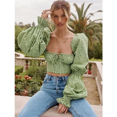 Puff Sleeve Floral Vintage Crop Tops Blouses Women 2021 Summer Autumn Long Sleeve Square Neck Corset Elegant Blouse Shirt Female