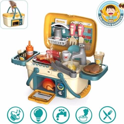 Kids BBQ Grill PlaySet Portable Picnic Kitchen Basket Toys with Musics and Lights Play Foods Cooking Pretend Play Toys for Girls