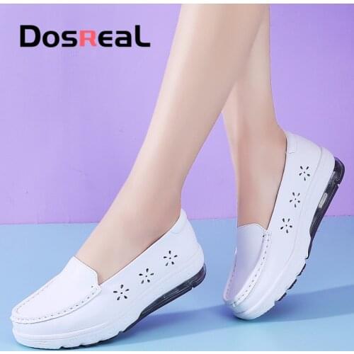 Dosreal Women Flats Shoes Leather Loafers Shoes For Females Nurse Flats White Shoes Air Cushion Soft Loafers Ladies Fashion Shoe