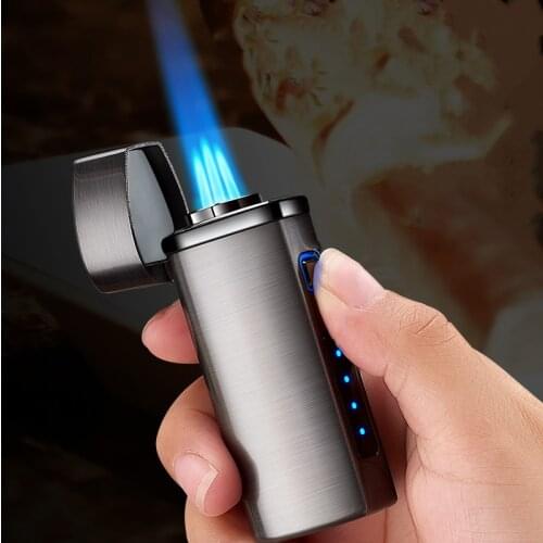 Metal USB Triple Torch Gas Window LED Lighter 3 Jet Gas Cigar Three Turbo Windproof Powerful BBQ Spray Gun Kitchen Pipe Lighter