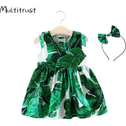 Multitrust New Born Baby Girls Clothes 2020 Summer Dresses Fashion Green Leaves Cotton Sleeveless Dress+Headwear