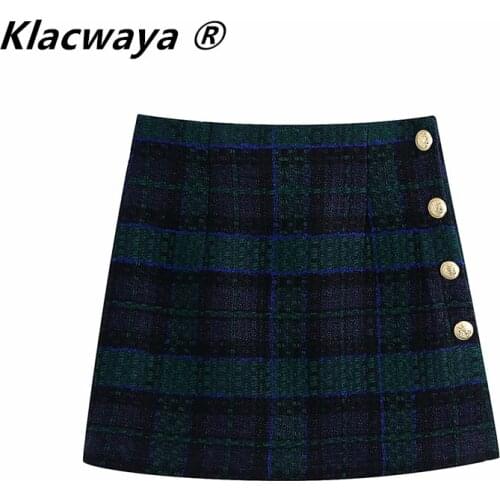 Klacwaya Women Mini Skirt Vintage Plaid Print Tweed Back Zipper High Waist Slim Skirt Faldas Mujer Side Buttons Chic Skirts