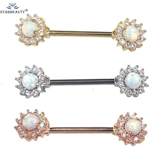 2Pcs/Lot Opal Nipple Piercing Jewelry 1.6*16mm 316L Surgical Steel Fire Opal Nipple Ring Piercing Barbells Piercing Jewelry
