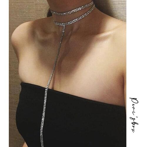 LWONG Sexy Long Rhinestone Choker Necklace Jewelry Double-Strand Layered Choker Rhinestones Crystal Chokers Long Necklace Women
