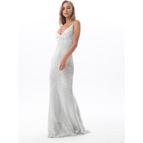 Sexy V Neck Sequined Party Dress Floor Length Sleeveless Maxi Dress Backless Dress Champagne Gold Black blue Silver XL