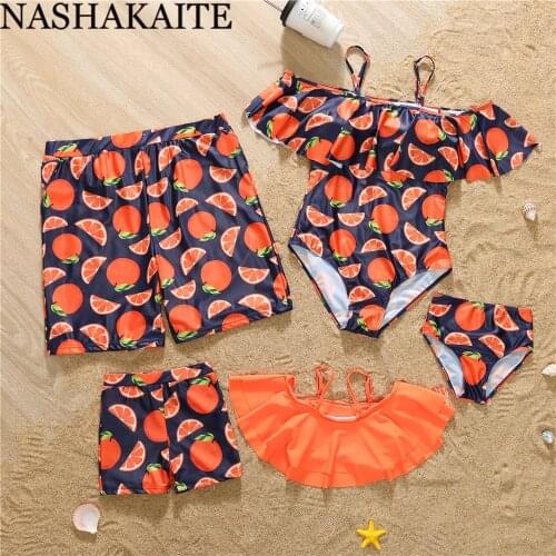 NASHAKAITE Family Swimsuit Mother Daughter Matching Swimwear For Family Set Orange Printed Mommy and me swimsuit