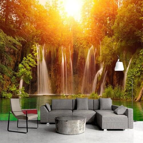 Custom 3D Wall Mural Photo Wallpapers Modern Living Room Sofa TV Background Art Painting Sunshine Forest Waterfall 3D Wall Paper