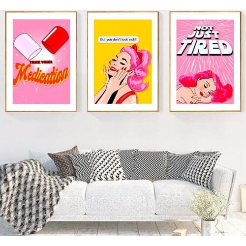 Nordic Pink Style Chronic Illness Wall Art Prints Picture Abstract Pill Tired Canvas Painting Posters Cartoon Modern Home Decor