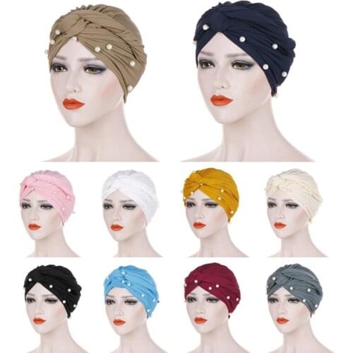 2021 New Velvet Turbans For Women Pearls Turban Femme Musulman Womens Head Scarf Turban Cap Winter Indian Hat Turbante Mujer