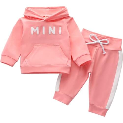 New Spring Autumn Toddlers Clothes Set, Baby Girls Simple Letter Pattern Long Sleeve Hooded Top + Sports Style Trousers Kit