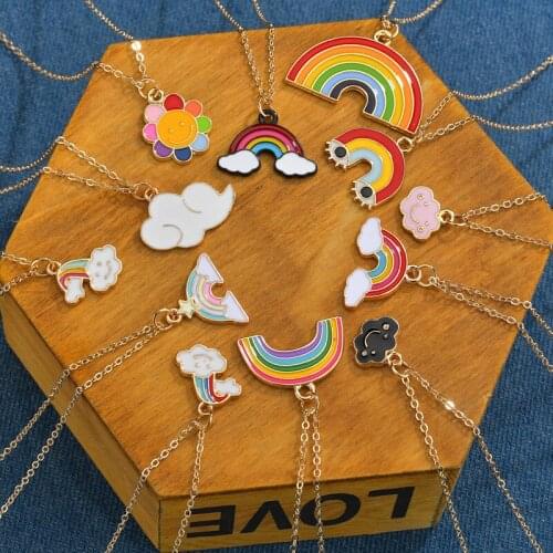 Personality Creative Rainbow Necklace Women Girls Gold Color Cute Clouds Dripping Oil Flower Drop Pendant Necklaces Jewelry Gift