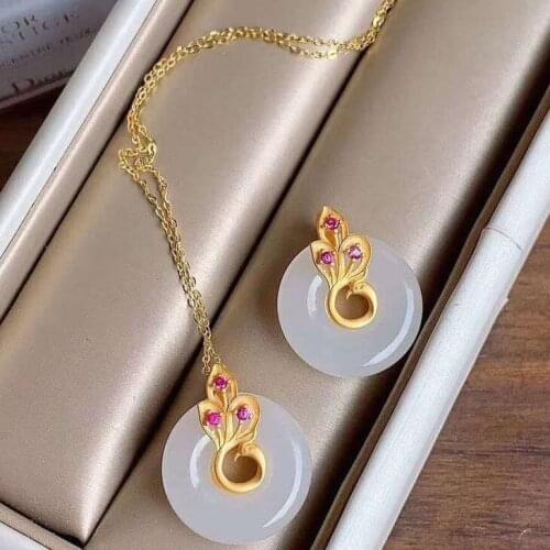 Natural Hetian Jade Safety Buckle Pendant Jade Sterling Silver Gilding Phoenix Vintage Necklace Womens White Jade to Give Mom J