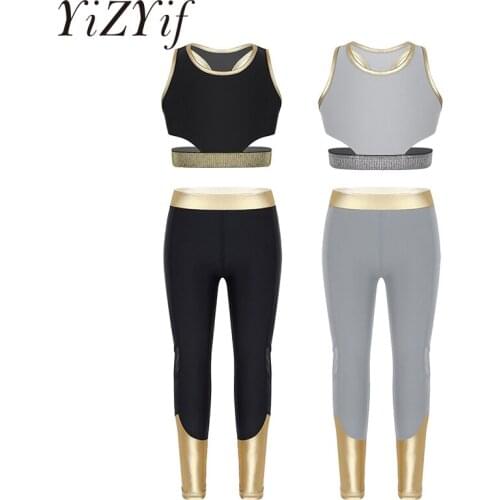 Girls Dancewear Sleeveless Racer Back Stretchy Tanks Bra Tops Crop Top with Leggings Pants for Ballet Dance Stage Performance