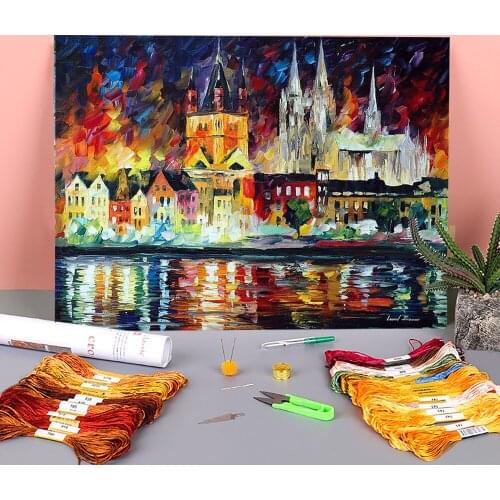 Night In Cologne Printed Water-Soluble Canvas 11CT Cross Stitch DIY Embroidery Full Kit DMC Threads Handmade Sewing Needle